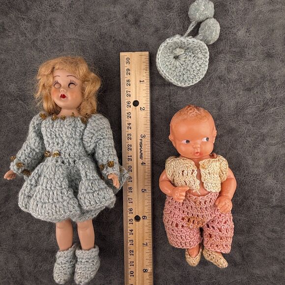 Two (2) Vintage Dolls 7" Girl and 5" Baby Hand Crocheted Dress Clothes AS IS - Picture 8 of 8